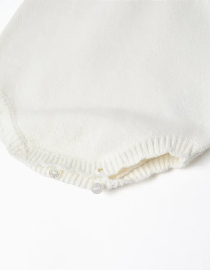 Cotton knitted romper with openwork detail for newborn girls, white