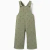 Twill dungarees with floral motif for baby girls, dark green