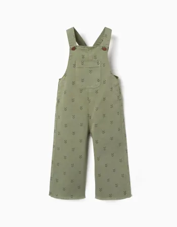 Twill dungarees with floral motif for baby girls, dark green