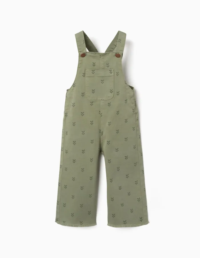 Twill dungarees with floral motif for baby girls, dark green