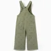 Twill dungarees with floral motif for baby girls, dark green