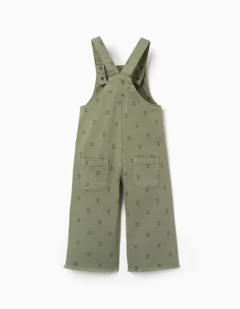 Twill dungarees with floral motif for baby girls, dark green