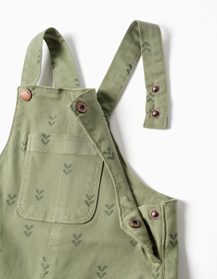 Twill dungarees with floral motif for baby girls, dark green