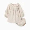 Floral cotton dress + bloomers B&S for baby girls, beige/green