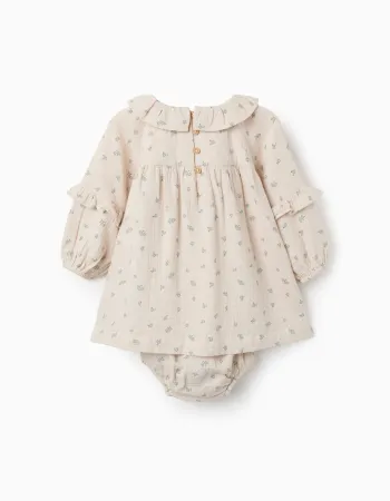 Floral cotton dress + bloomers B&S for baby girls, beige/green