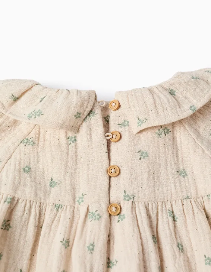 Floral cotton dress + bloomers B&S for baby girls, beige/green