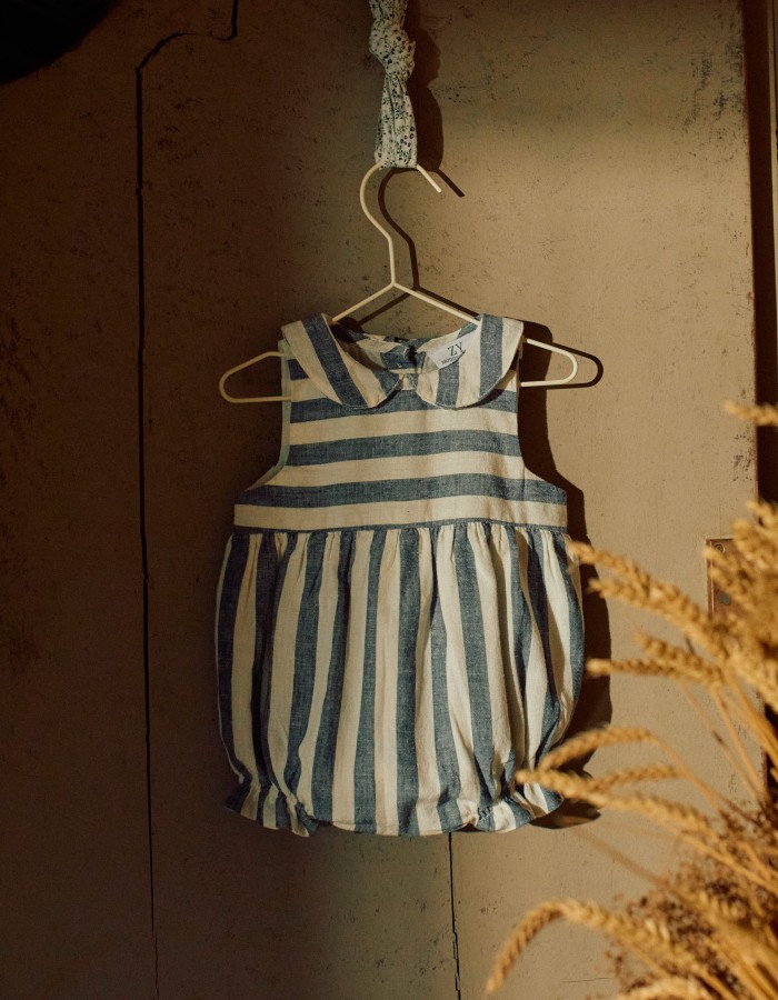 Striped cotton and linen romper You&Me for newborns, white/blue