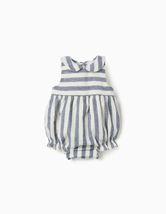 Striped cotton and linen romper You&Me for newborns, white/blue