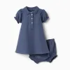 Cotton dress + bloomers with embossed lines B&S for newborn girls, indigo