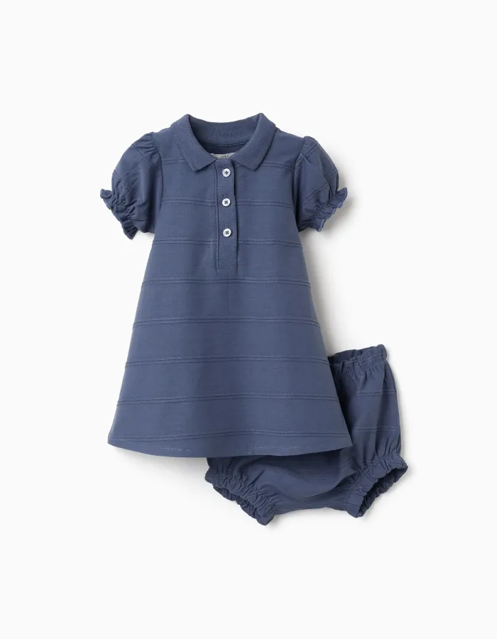 Cotton dress + bloomers with embossed lines B&S for newborn girls, indigo