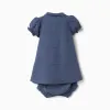 Cotton dress + bloomers with embossed lines B&S for newborn girls, indigo