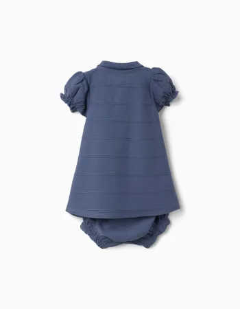 Cotton dress + bloomers with embossed lines B&S for newborn girls, indigo