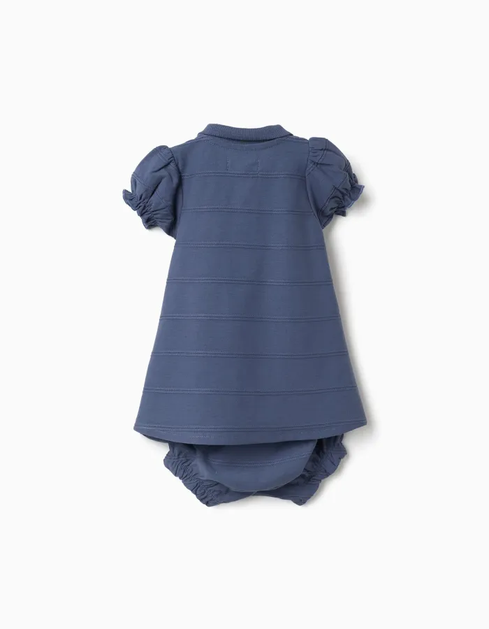Cotton dress + bloomers with embossed lines B&S for newborn girls, indigo