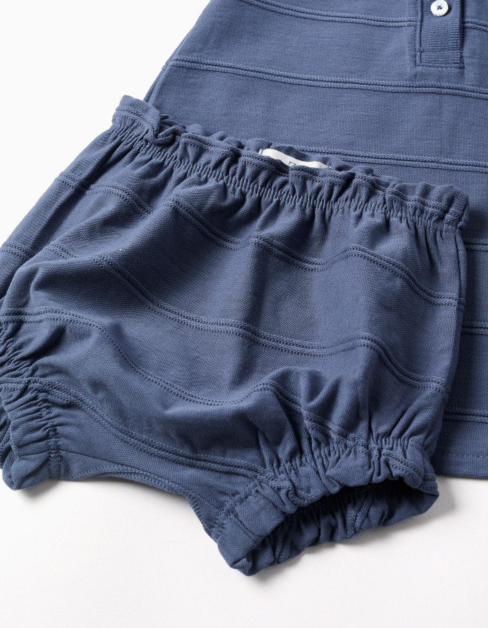 Cotton dress + bloomers with embossed lines B&S for newborn girls, indigo