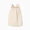 Twill pinafore dress with cross-stitch embroidery for baby girls, beige