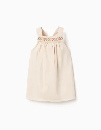Twill pinafore dress with cross-stitch embroidery for baby girls, beige