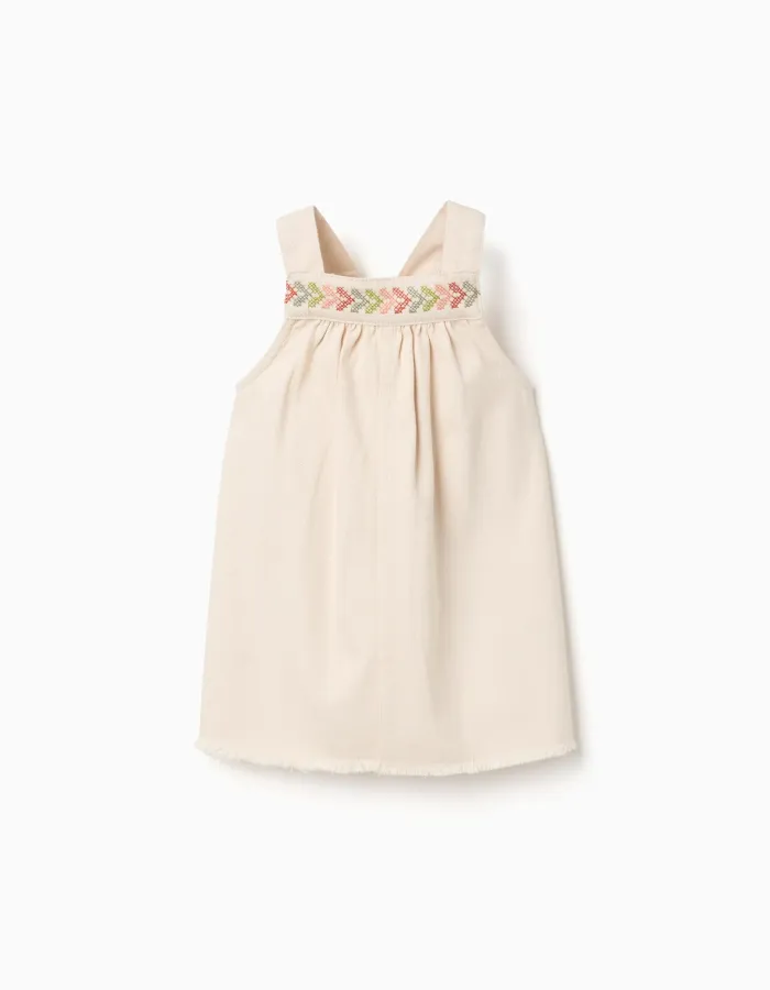 Twill pinafore dress with cross-stitch embroidery for baby girls, beige