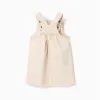 Twill pinafore dress with cross-stitch embroidery for baby girls, beige