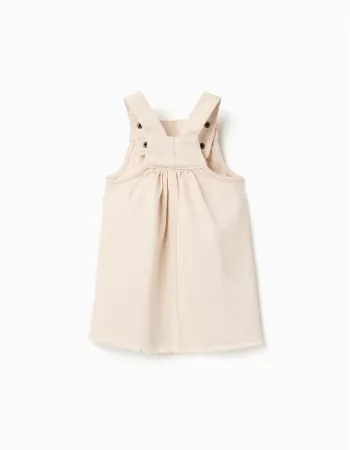 Twill pinafore dress with cross-stitch embroidery for baby girls, beige