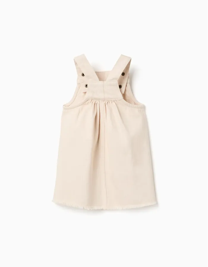 Twill pinafore dress with cross-stitch embroidery for baby girls, beige