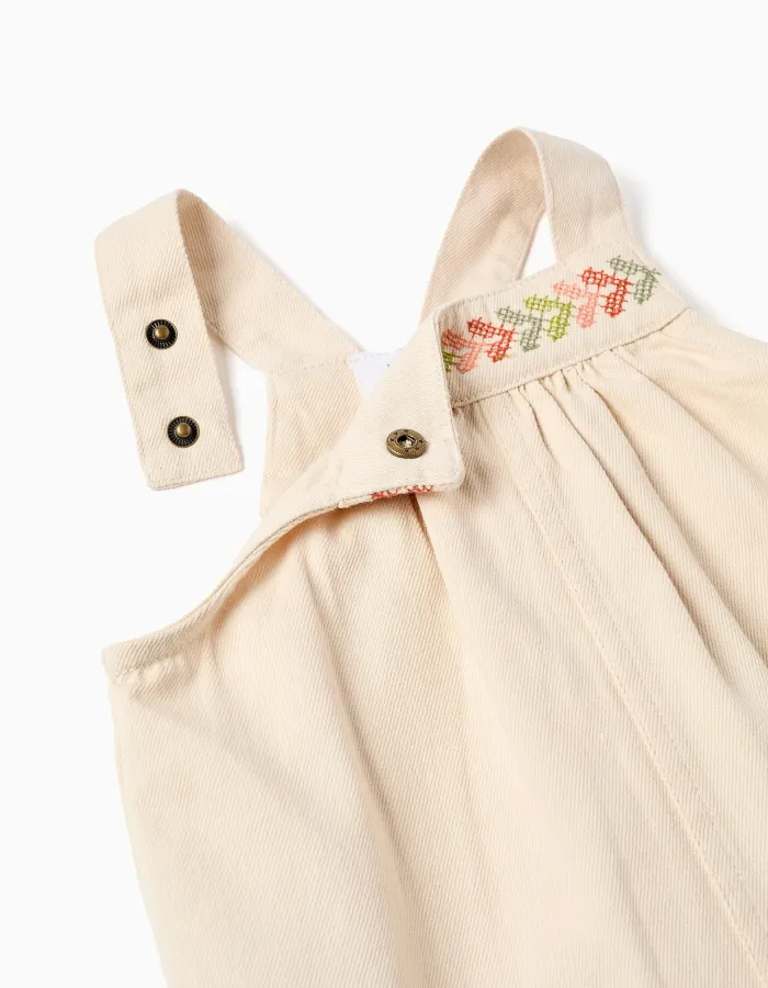 Twill pinafore dress with cross-stitch embroidery for baby girls, beige