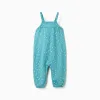 Cotton jumpsuit with floral motif for baby girls, turquoise blue