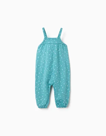 Cotton jumpsuit with floral motif for baby girls, turquoise blue