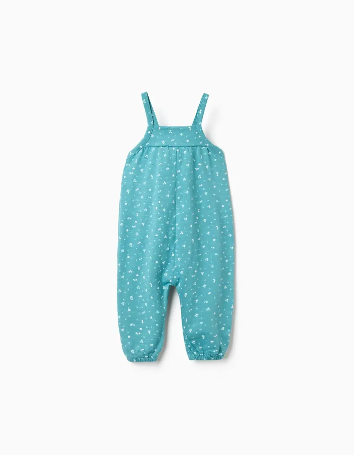 Cotton jumpsuit with floral motif for baby girls, turquoise blue