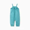 Cotton jumpsuit with floral motif for baby girls, turquoise blue