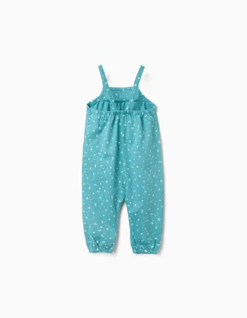 Cotton jumpsuit with floral motif for baby girls, turquoise blue
