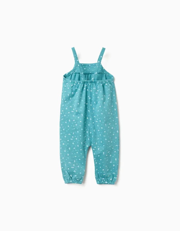 Cotton jumpsuit with floral motif for baby girls, turquoise blue
