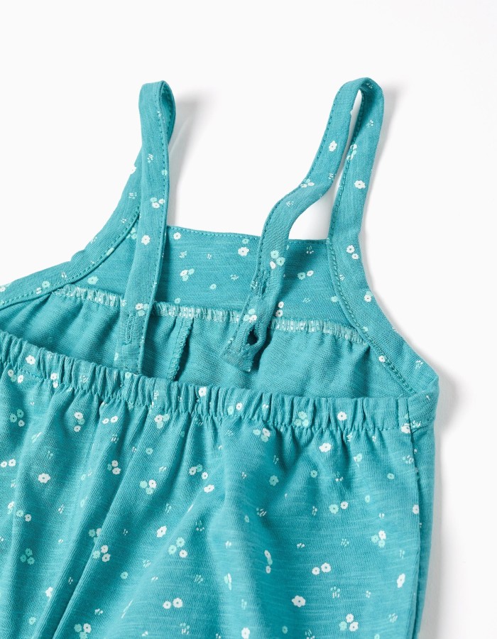 Cotton jumpsuit with floral motif for baby girls, turquoise blue