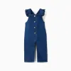 Denim jumpsuit with ruffled straps for baby girls, dark blue