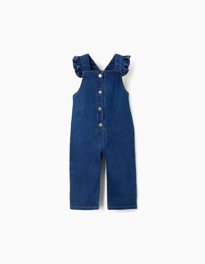 Denim jumpsuit with ruffled straps for baby girls, dark blue