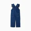 Denim jumpsuit with ruffled straps for baby girls, dark blue