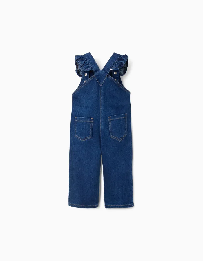 Denim jumpsuit with ruffled straps for baby girls, dark blue