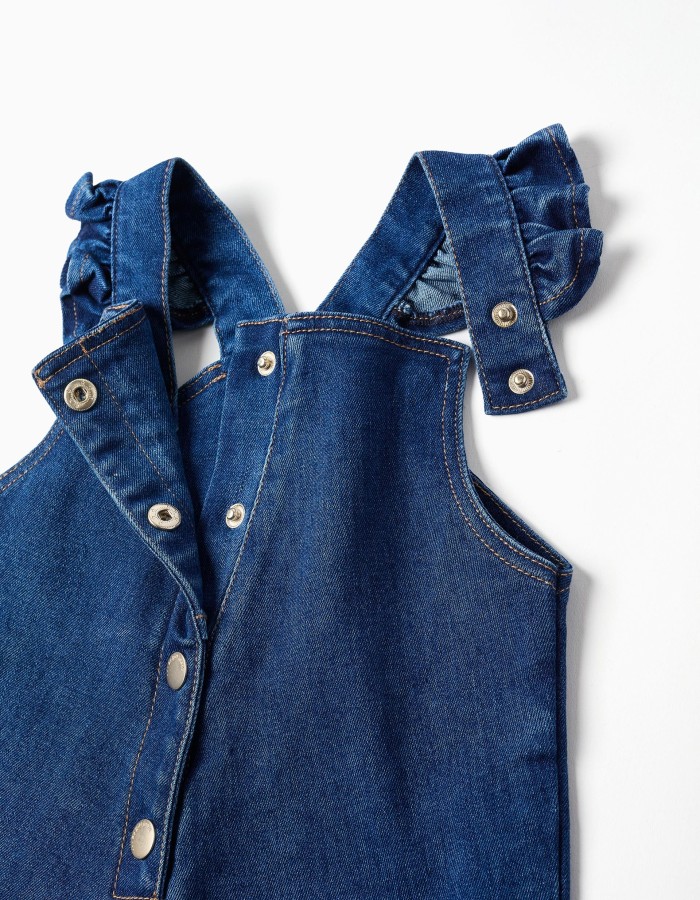 Denim jumpsuit with ruffled straps for baby girls, dark blue