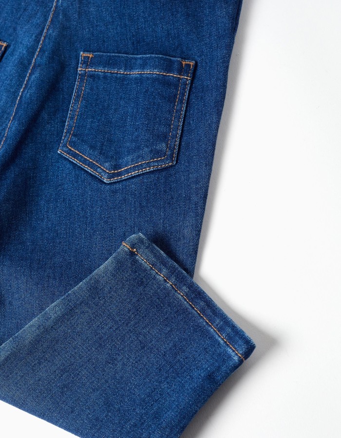 Denim jumpsuit with ruffled straps for baby girls, dark blue