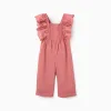 Poplin jumpsuit with ruffles and broderie anglaise for baby girls, pink