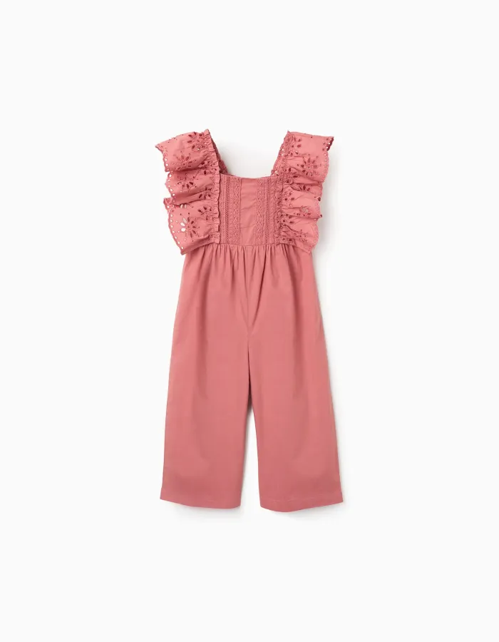 Poplin jumpsuit with ruffles and broderie anglaise for baby girls, pink