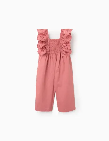 Poplin jumpsuit with ruffles and broderie anglaise for baby girls, pink