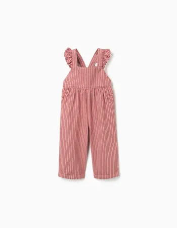 Cotton twill jumpsuit with stripes for baby girls, pink/white