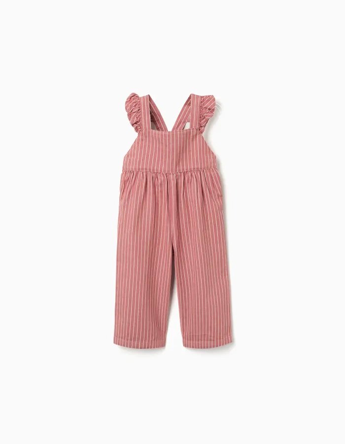 Cotton twill jumpsuit with stripes for baby girls, pink/white