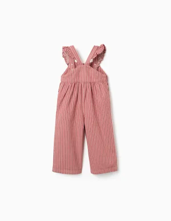 Cotton twill jumpsuit with stripes for baby girls, pink/white