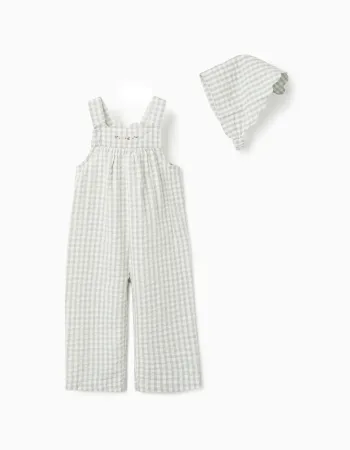 Cotton jumpsuit + bonnet with Vichy pattern B&S for baby girls, white/green