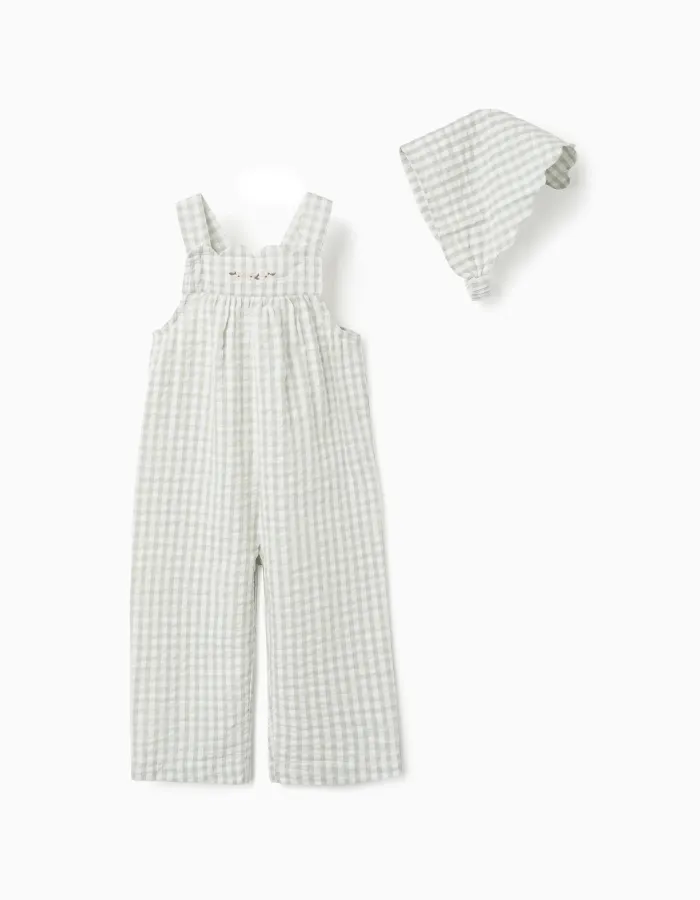 Cotton jumpsuit + bonnet with Vichy pattern B&S for baby girls, white/green