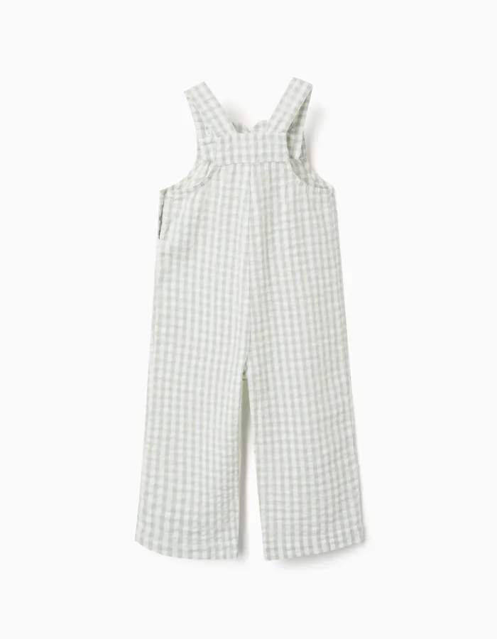 Cotton jumpsuit + bonnet with Vichy pattern B&S for baby girls, white/green