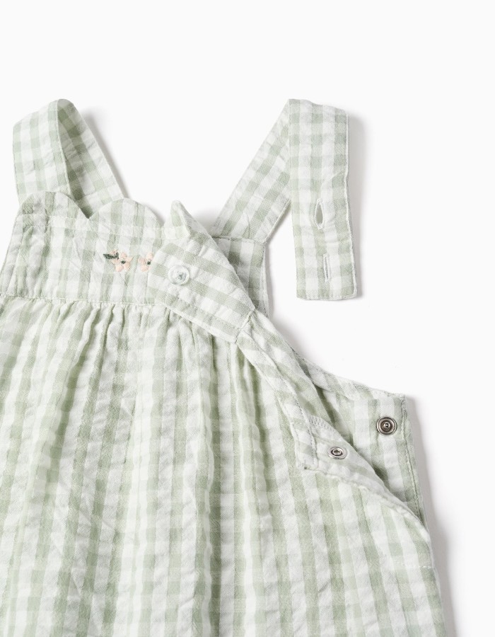 Cotton jumpsuit + bonnet with Vichy pattern B&S for baby girls, white/green