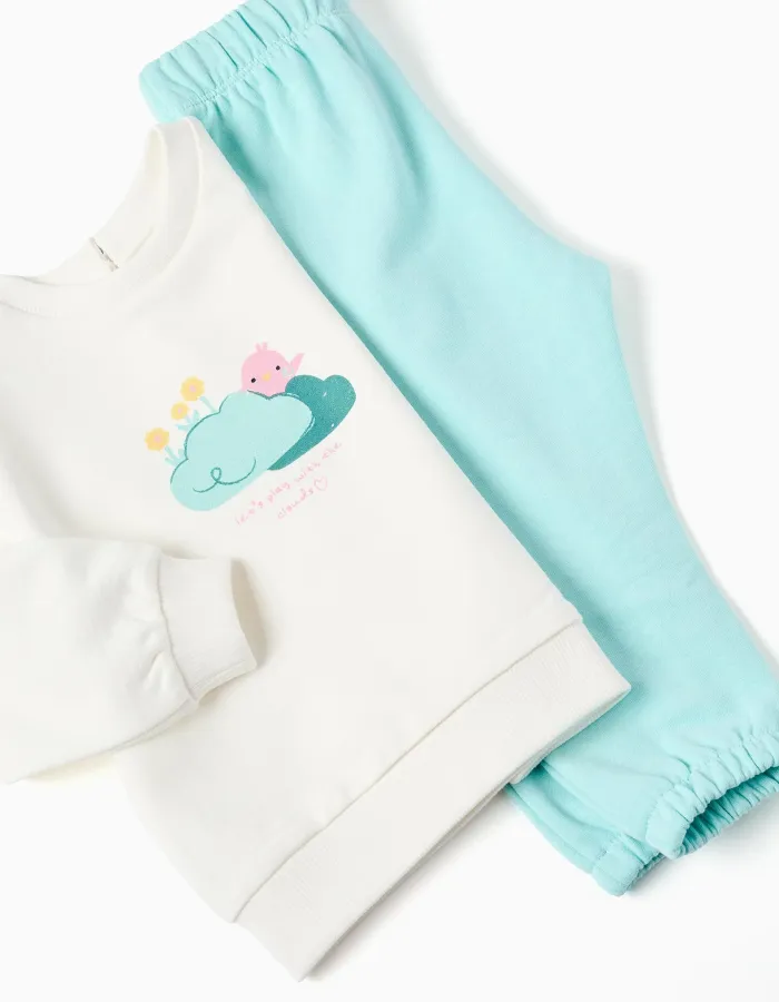 Cotton sweatshirt and trousers set for baby girls, white/light blue