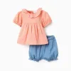 Cotton blouse + denim shorts with ruffles for baby girls, orange/blue